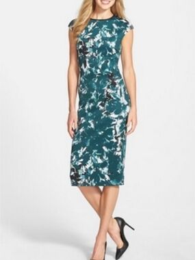 Teal Floral Sheath Midi Dress - Size 12